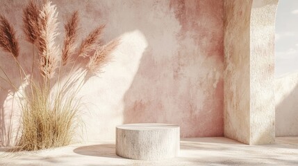 Wall Mural - A serene interior space with a circular pedestal and decorative dried plants.