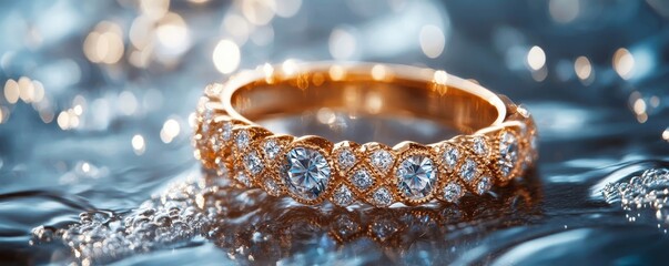 Wall Mural - A sparkling diamond ring, a symbol of love and luxury, rests elegantly in a glass bowl, ready to adorn the finger of its lucky recipient