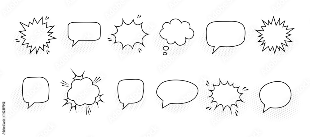 Retro empty comic bubbles and elements set with black halftone shadows ...