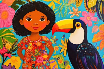 Poster - Girl and Toucan Amidst Vibrant Tropical Flowers