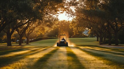 Wall Mural - sunset view of a person operating a lawnmower on a manicured lawn.