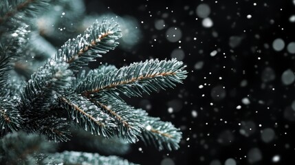 Poster - Close-up of snow-dusted evergreen branches against a dark background.