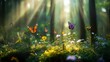 © RobertShuk - Sunbeams illuminate butterflies fluttering above wildflowers in a lush forest clearing.