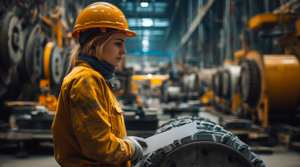 Poster - Female Engineer in Safety Gear Inspecting Machinery in a Heavy-Duty Industrial Plant