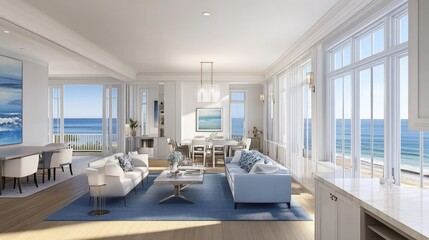 Wall Mural - A bright, modern living room with ocean views, emphasizing comfort and elegance.