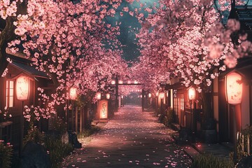 Wall Mural - Night scene of a Japanese street lined with cherry blossom trees and traditional houses with lanterns.