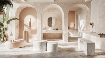 Wall Mural - A serene interior space with arches, neutral tones, and minimalist decor for relaxation.