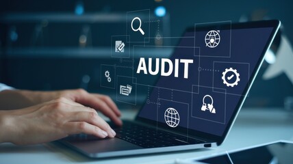 Poster - Businessman conducting a business audit and compliance check on laptop