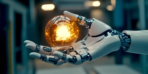 Aufkleber - A futuristic robotic hand holds a glowing orb. The scene blends technology and creativity. Perfect for tech enthusiasts and innovators. Explore the essence of artificial intelligence. AI