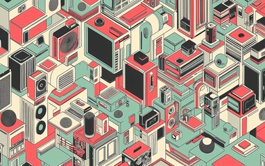  Artwork featuring a vibrant collage of retro electronics in a colorful geometric arrangement showcasing the evolution of technology