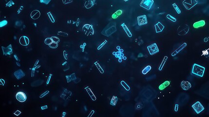 Poster - A dark background with glowing blue and green medical icons scattered randomly.