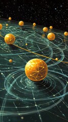 Poster - Intricate Cosmic Dance of Golden Spheres in a Luminous Universe of Interconnected Pathways
