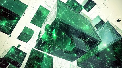 Poster - Emerging Green Neon Crystals Create Intricate Geometric Patterns in a Luminous Space