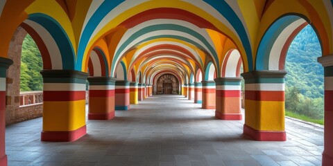 Poster - Vibrant and colorful architectural arches create a stunning hallway. This design showcases a playful mix of bright colors. Perfect for backgrounds or feature art. AI