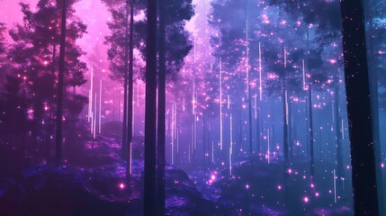 Wall Mural - Magical pink and blue forest scene with glowing lights and particles.