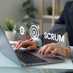 Poster - Agile Scrum Methodology: Businessman Using Laptop with Scrum Icons on Virtual Screen