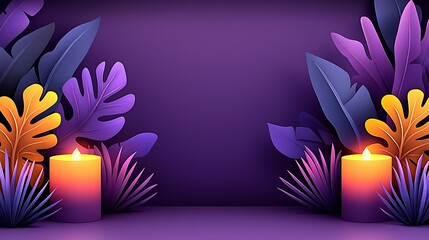 Wall Mural - A serene purple backdrop adorned with vibrant foliage and glowing candles, creating a calming and inviting atmosphere.