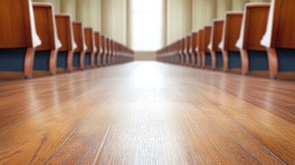 Poster - Wooden Chairs Lined up in a Bright Conference Room With Sunlight Streaming In