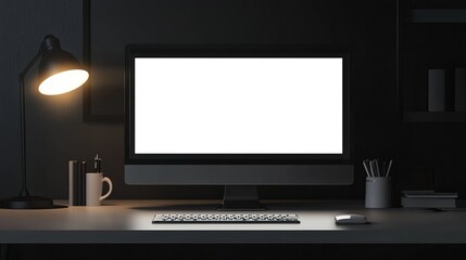 Poster - A minimalist workspace featuring a blank computer screen, lamp, and office supplies.
