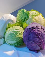 Poster - Diverse Varieties of Fresh Cabbage Beautifully Arranged on a Pristine White Table