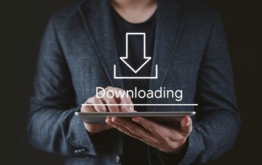 Poster - Business People Downloading Files, Installing Software, Data Backup, Cloud Storage, Cybersecurity