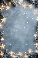 Wall Mural - A grey concrete background with stars, white lights, and garlands on the edges of the photo backdrop. Holiday promotions, greeting cards, seasonal banners, empty space