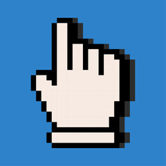 Poster - pixelated computer cursor on blue background. hand cursor, shadowed cursor, pixel art, cursor icon f
