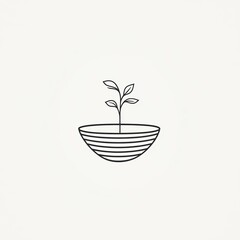 Wall Mural - Minimalist line art of a plant with leaves sprouting from a striped half-circle pot on a light background