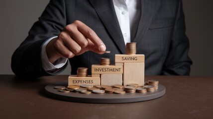 Poster - Businessman Stacking Coins: Financial Planning, Income Management, Savings, Investment, Future