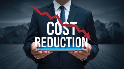 Poster - Businessman Strategizing Company Cost Savings with Decreasing Coin Stack