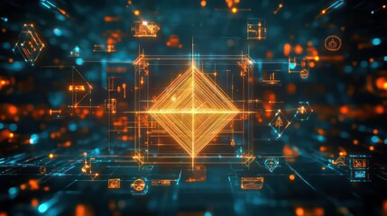 Poster - a geometric grid glowing with construction icons embedded within