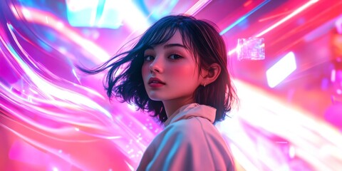 Poster - A captivating portrait of a young woman set against a backdrop of vivid neon lights. The lively colors create a dynamic atmosphere. This AI-generated artwork radiates modern elegance. AI