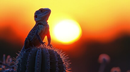 Wall Mural - Bearded dragon basking on a rock during a vibrant sunset in the wild