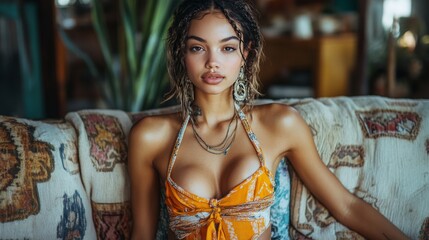 Woman wearing orange swimsuit sitting on a patterned couch in a cozy indoor setting