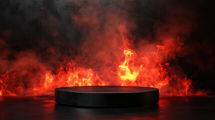 Wall Mural - A dark, circular platform surrounded by fiery smoke, suggesting a dramatic presentation setting.