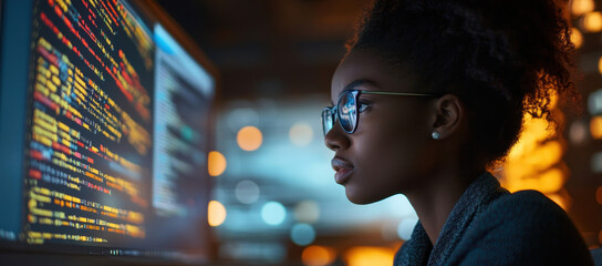 Poster - A young woman is deeply focused on coding at her computer, immersed in colorful lines of code on the screen. The modern workspace glows softly with surrounding lights, enhancing the concentration.