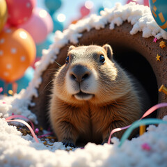 Groundhog in a colorful burrow with balloons