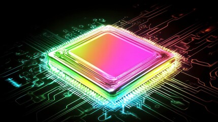 Poster - Close-up of a glowing computer processor chip on a circuit board.