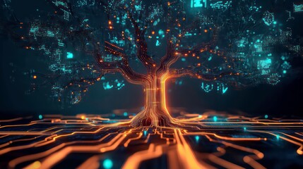 Poster - Glowing digital tree with circuit board roots, representing data growth and technology.