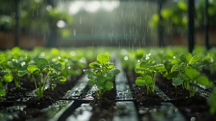 Wall Mural - Fresh green plants thriving under gentle rain in an indoor garden