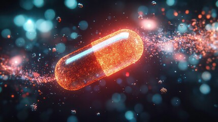 Poster - A glowing pill capsule, surrounded by a swirl of holographic particles.