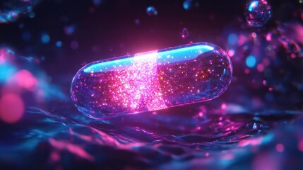 Poster - Glowing capsule in vibrant liquid, abstract medical concept.