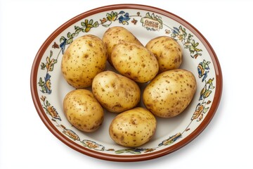 Wall Mural - Roasted potato on a plate top view isolated on white background