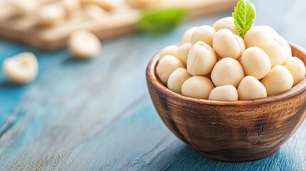 Poster - Discover the Delicate Beauty of Macadamia Nuts Arranged in a Wooden Bowl on a Rustic Tabletop