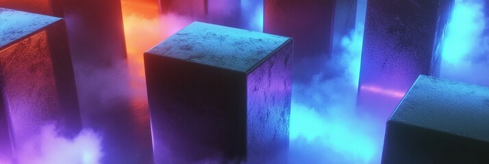 Poster - Vibrant Neon Countdown Displayed Amidst a Foggy Environment With Grey Geometric Shapes