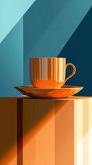 Poster - Elegant Peach Kitchenware Displayed on a Stylish Podium Against a Vibrant Blue Backdrop