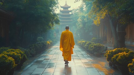 Canvas Print - Mysterious figure walking through an autumn path lined with vibrant leaves and soft light