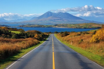 Wall Mural - Scenic dirt road leading to a tranquil lake surrounded by lush forests and distant hills under a clear sky