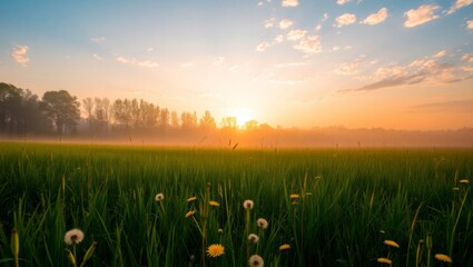 beautiful sunrise over a misty meadow with wildflowers and trees, symbolizing nature's tranquility, 