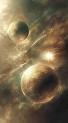 Poster - Planetary Dance Under a Trio of Blazing Suns in a Mesmerizing Cosmic Landscape